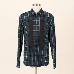 7 Diamonds Mens Plaid Long‎ Sleeve Button Down Shirt Black Green Large